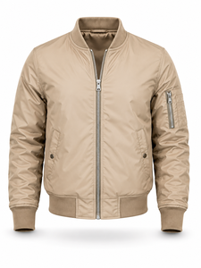 <b>Men's</b> <b>Khaki</b> Bomber Jacket Zipper Closure Casual Style Stand Collar Polyester Material Regular Fit Autumn Wear - Product Image 1