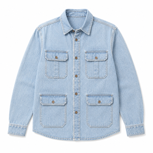 Chemise utilitaire en denim délavé 100% coton pour homme, multi-poches, vêtements de travail, surchemise à manches longues, streetwear décontracté, automne - Product Image 5