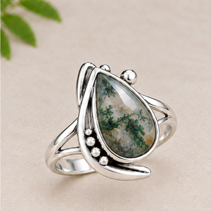 <b>Moss</b> <b>Agate</b> 925 Sterling Silver <b>Ring</b> | Handmade Teardrop <b>Moss</b> <b>Agate</b> Gemstone <b>Ring</b> | Natural Green Inclusion Statement Jewelry - Product Image 1