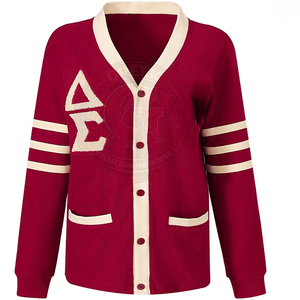 Cardigan pour femme Sorority Delta Sigma, pull à manches longues, tricoté, boutonné devant, bordeaux avec bordure blanche et logo avec lettres grecques - Product Image 1