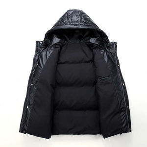 Men's Black Hooded Puffer <b>Jacket</b> Windproof Thick Polyester Winter Coat Casual Loose Fit Zipper Closure Solid Color - Product Image 5