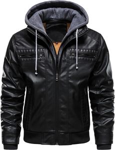 <b>Men</b> Black PU <b>Leather</b> Moto Biker <b>Jacket</b> Hooded Zipper Front Solid Color Winter Slim Fit Regular Sleeve Windproof - Product Image 1