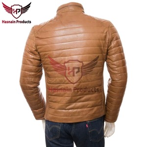 Chaqueta de Cuero Marrón Genuino para Hombre, Acolchada, Corte Ajustado, con Cuello Alto, Estilo Clásico Personalizado para Invierno - Product Image 6