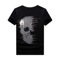 Kaos T-Shirt Streetwear Ukuran Besar Custom Bordir Tengkorak Berhias Kristal, Kerah O, Lengan Pendek, MOQ Rendah, Grosir