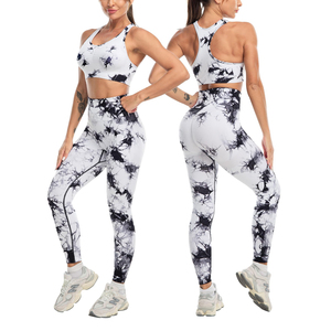Women Black <b>White</b> <b>Tie</b> Dye Yoga Set Crop <b>Top</b> High Waist Leggings 2 Piece Full Length Racerback Four Way Stretch Spandex Polyester - Product Image 1