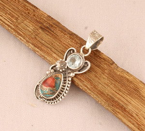 Pendentif en argent sterling 925 vintage avec topaze bleue, cuivre huître et turquoise, fait main, 18 pouces, unisexe, pour femme, vente en gros - Product Image 5