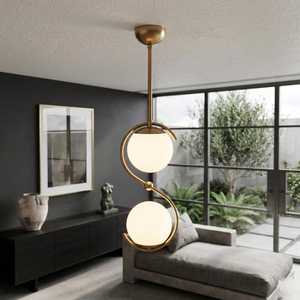 Luminaire suspendu moderne en laiton avec deux globes en verre givré, luminaire de plafond géométrique pour salon - Product Image 5