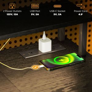 Scrivania per Computer Reversibile Nera Effetto Invecchiato da 47 Pollici con Prese di Corrente e Luci LED per Ufficio o Hotel - Product Image 4