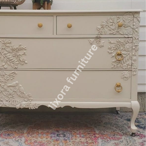 Luxury Handcrafted Solid Wood 4 Drawer Dresser Ornate Bird Floral Vine Relief Carving Beige Finish - Product Image 4
