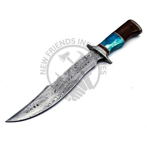 Cuchillo Bowie de Acero de Damasco Hecho a Mano con Mango de Madera de Nogal y Hueso de Color, Hoja Ambidestra de 10 Pulgadas - Cuchillo de Supervivencia y Caza para Camping - Product Image 1