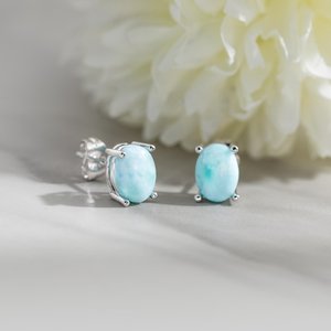 Natural Larimar Oval <b>Stud</b> Earrings 925 Sterling <b>Silver</b> Gemstone Prong Jewelry For Women Gift Wholesale - Product Image 1