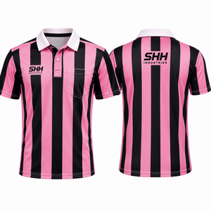 Men Pink Black Striped <b>Referee</b> Shirt White Polo Collar Chest Pocket Short Sleeve Professional Football Officials Game Jersey - Product Image 4