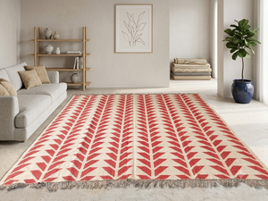 Tapis rectangulaire artisanal en laine tufté à la main, motif géométrique Kilim, écologique, pour salon, à poils moyens, nettoyage localisé, par Krafterscustom - Product Image 1