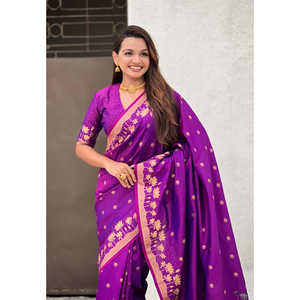 <b>Purple</b> Pichwai Silk Saree Woven with Zari Elegant Cocktail <b>Dress</b>-Elite Weaves - Product Image 2