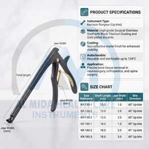 Pinza Kerrison de mordida ascendente, 13.0cm, 18.0cm, Ancho de mandíbula 1.0mm, 2.0mm, 3.0mm, Recubierta de titanio negro, Instrumento ortopédico para cirugía de columna vertebral - Product Image 1