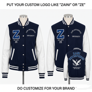 Custom 450 GSM Wool Blend Stand Collar Varsity <b>Jacket</b> Navy <b>White</b> Panel Design Front Embroidered Chenille Logo Premium - Product Image 1