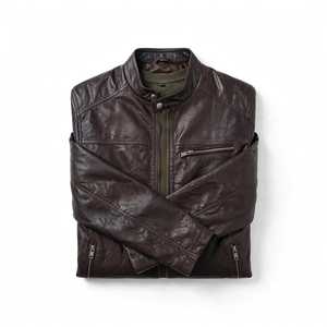 Chaqueta de Cuero Marrón para Hombre, Cuello Alto, Cierre de Cremallera, Estilo Motero, para Otoño - Product Image 4