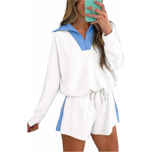 Ensemble deux pièces décontracté d'été pour femme : pull à manches longues et demi-zip color block et short assorti - Product Image 1