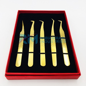 Stainless Steel Precision Eyelash Tweezers Set Gold Plasma Plated Tweezer Diamond Grip And Red/Black Color Card Box Packaging - Product Image 6