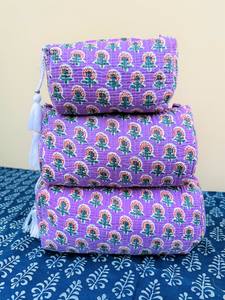 กระเป๋าเครื่องสำอางผ้าฝ้ายลายพิมพ์บล็อกแบบวินเทจขนาดใหญ่ ซิปปิด งานแฮนด์เมด ขายดี สำหรับผู้หญิง - Product Image 2