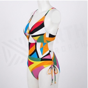 Women One Piece Swimsuit Geometric Print <b>Crossed</b> Halter Twist Design Tie Side Drawstring Stretch Bikini Beachwear - Product Image 3