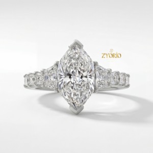 Anillo de compromiso de diamante cultivado en laboratorio con corte marquesa, piedras laterales trapezoidales princesa, oro macizo de 14K, VS, moderno, para boda, aniversario, fiesta - Product Image 6