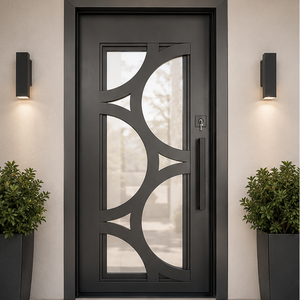Puerta de Entrada Moderna de Acero Geométrico con Vidrio Esmerilado, Puerta Frontal Individual Contemporánea, Diseño de Entrada de Seguridad para Hogar de Lujo - Product Image 2