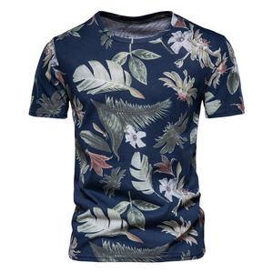 T-shirt décontracté pour homme, bleu marine, imprimé bambou, coupe ajustée, manches courtes, col rond, en polyester tricoté, respirant - Product Image 2