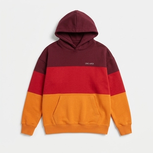 Men's Burgundy Red <b>Orange</b> Color Block Hooded <b>Fleece</b> Sweatshirt Oversized Casual Streetwear Pullover Autumn Style - Product Image 1