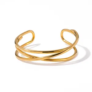 J&D New Trend 18K Gold Plated Stainless Steel Bracelet For Women Three Layer Line Opening Cuff Bangles