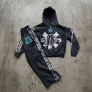 Ensemble de survêtement décontracté vintage en coton lavé 100% uni, sweat à capuche zippé oversize et pantalon de jogging large, personnalisable avec logo et couleur, pour homme - Product Image 1