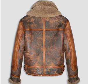 Blouson aviateur en cuir véritable pour homme avec col et poignets en fausse fourrure, coupe-vent, style motard, pour l'hiver - Product Image 3