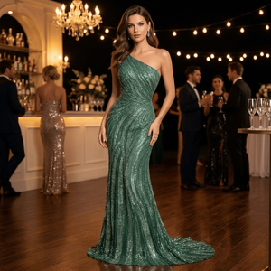 Robe de soirée élégante vert émeraude à une épaule ornée de paillettes |   Robe de soirée sirène de luxe pour mariage, fête et look de tapis rouge - Product Image 4