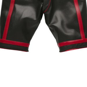 Shorts ajustados de cuero rojo hasta la rodilla con doble cremallera, elásticos, de cintura media, con patrón de puntos y cuentas, efecto Wetlook, de látex, para mujer y hombre. - Product Image 5