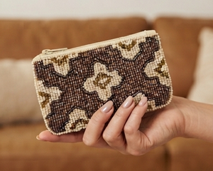 Beaded Cosmetic Pouch With Floral Pattern In Brown And Cream Colors Handcrafted For Women's Accessories - Product Image 5