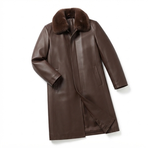 Manteau long en cuir véritable pour homme avec col en fourrure, trench-coat à simple boutonnage, vêtement d'extérieur épais et chaud - Product Image 1