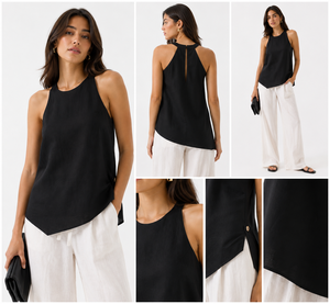 Conjunto de Pantalones Transpirables de Verano para Mujer, Estilo Moderno y Chic, Top Negro Combinado con Pantalones Anchos Blancos Casuales, Dos Piezas - Product Image 2