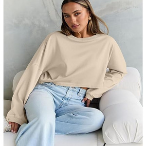 Sudadera Corta de Algodón 100% Impermeable para Mujer con Logo Personalizado, Transpirable, Cuello Redondo, Estilo Urbano y Hombros Caídos - Product Image 5