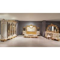 Ensemble de chambre d'hôtel de luxe en teck massif blanc doré, style mi-siècle, antique, avec lit Queen/King Size et armoire, mobilier de maison orné