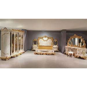 Juego de Dormitorio de Lujo en Madera de Teca Sólida Color Blanco Dorado, Cama Queen/King Size, Armario, Mesitas de Noche Ornamentadas, Tocador con Espejo, Estilo Villa - Product Image 1
