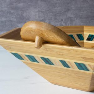 Ensemble de saladiers hexagonaux en bambou avec ustensiles, bols mélangeurs en bois écologiques à motif incrusté pour fruits et légumes, vente en gros - Product Image 3