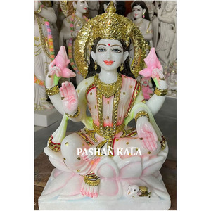 Estatua de la Diosa Laxmi en Mármol Blanco, Diseño Colorido y Atractivo, Escultura de la Diosa Laxmi Pintada en Mármol Blanco - Product Image 1