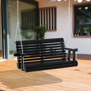 Panca a Dondolo Moderna da 46 Pollici per 2 Persone, Nera, con Portabicchieri, Capacità 200 kg, in Rattan Impermeabile, per Giardino, Patio, Portico e Spazi Esterni - Product Image 2