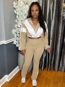 Ensemble de survêtement décontracté 2 pièces pour femme : veste courte zippée coupe-vent et pantalon taille haute à jambes larges – Tenue streetwear - Product Image 1