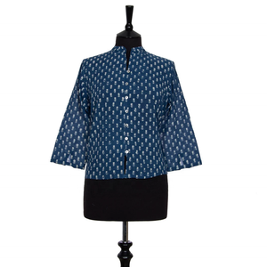 OFERTA Top Kurta Corto Estilo 7 Índigo con Motivo Blanco, Top Indio para Mujer, Top Estampado con Cuello en V, Manga Larga, Top Informal, Regalo para Ella - Product Image 2