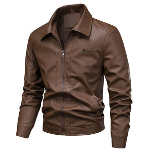 Nouvelle veste en cuir marron pour homme, style moto, coupe ajustée, col rabattu, fermeture éclair sur le devant, logo, vêtement d'automne - Product Image 1