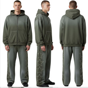 Ensemble de survêtement pour homme vert olive à capuche, sweat-shirt et pantalon à fermeture éclair intégrale avec motif étoile, coupe décontractée ample, 100 % coton - Product Image 6