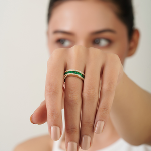 Exclusive Trendy Design 0.92 Ct. Emerald & Diamond Half Eternity Band <b>Ring</b> K14 Pure Yellow Gold Bulk Order Jewelry Wholesaler - Product Image 2