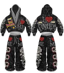 Conjunto Deportivo de Invierno de Lujo para Tallas Grandes, Chaqueta con Cierre y Pedrería, Pantalones Anchos con Detalle de Rayas, Etiqueta de Marca Personalizada - Product Image 1