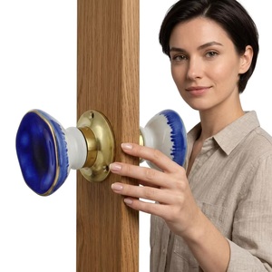 Blue Ceramic <b>Door</b> <b>Knob</b> with <b>Gold</b> Base Round Traditional Style for Cabinet Furniture Handle - Product Image 3